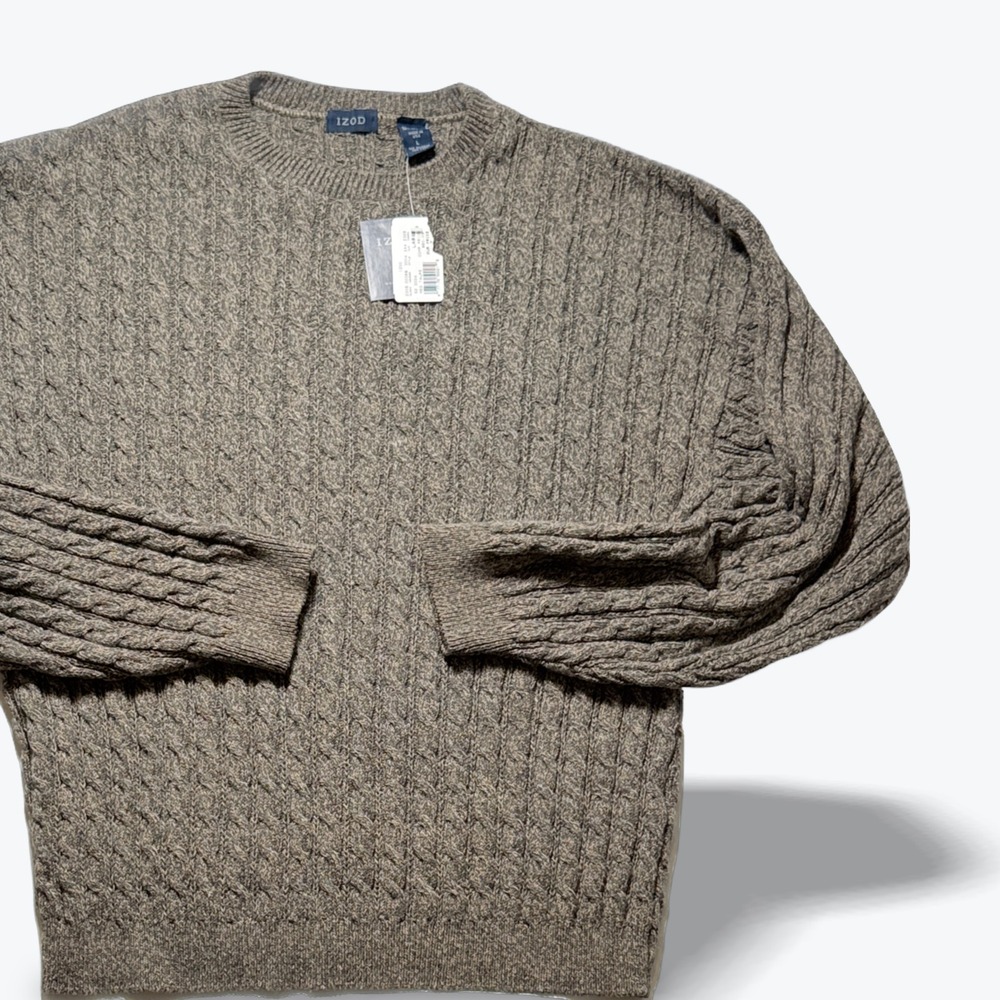 IZOD Sweater Cable Knit Crewneck Relaxed Med Taupe Marled Vintage Size L NWT